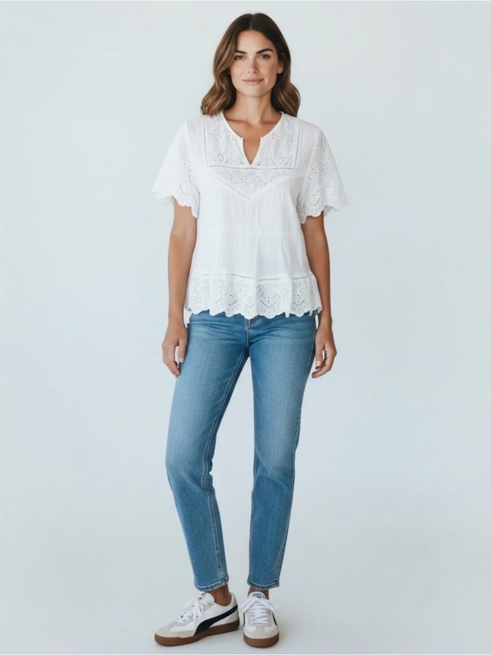 Knox Rose XL 16-18 White Eyelet Embroidered Boho Peasant Blouse Cottagecore